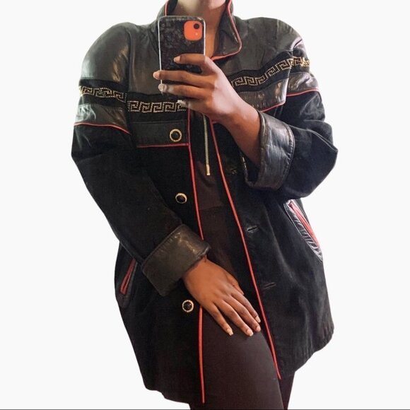 DI CAPRA INTERNATIONAL LEATHER JACKET WITH RED LEATHER TRIM GOLD BUTTONS LARGE - Picture 12 of 12